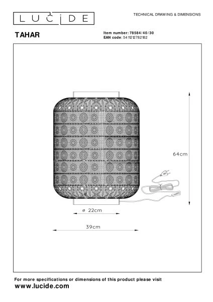 Lucide TAHAR - Lampe de table - Ø 39 cm - 1xE27 - Noir - technique
